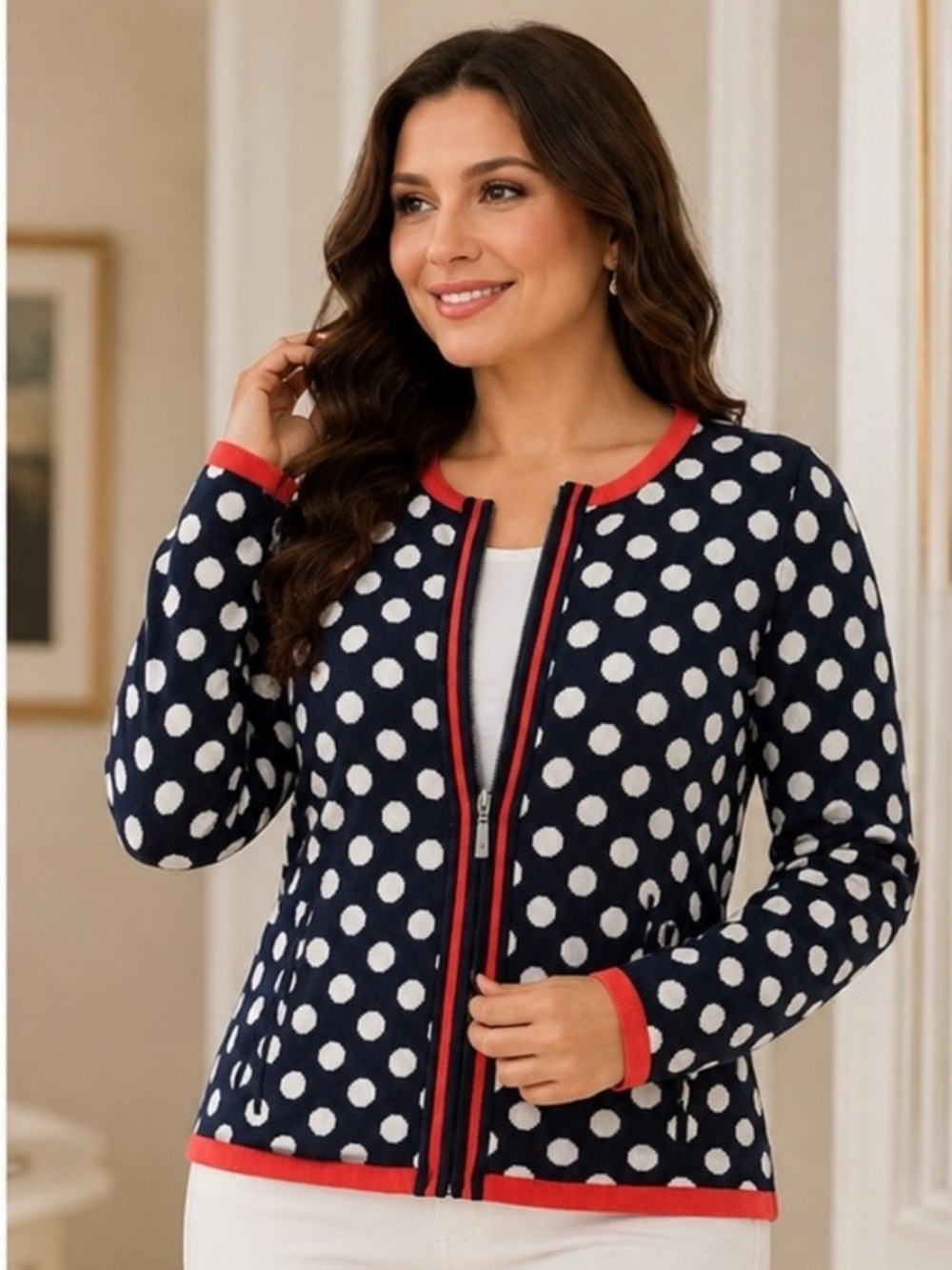 Kris Cassia Baumwool Cotton Navy Polka Dot Zip Cardigan with Coral Trim Sz S